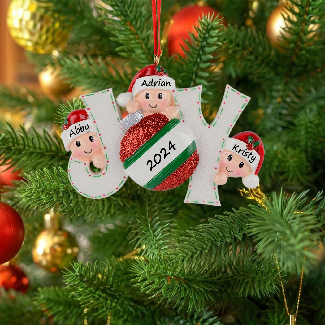Personalized Joy Family Ornament 2024, Elves Happy Family of 3 for Xmas Tree Decorations, 3 Grandkids Ornament, Customized, Unique Family Christmas Tree Ornaments 2024 - Customize Name for You
