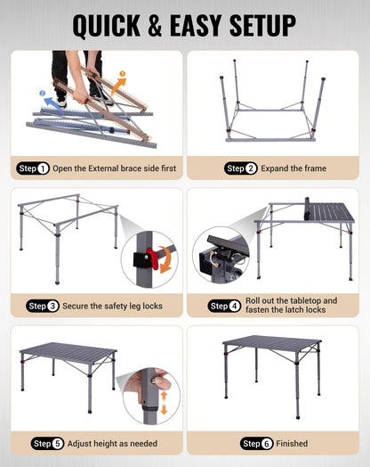 KingCamp Folding Camping Table Foldable Loads 265 Lbs, 42.1"× 27.6" Portable Table 3 Adjustable Height Aluminum Roll Up Camp Table with Carry Bag for Camping Picnic BBQ Backyard, Indoor & Outdoor