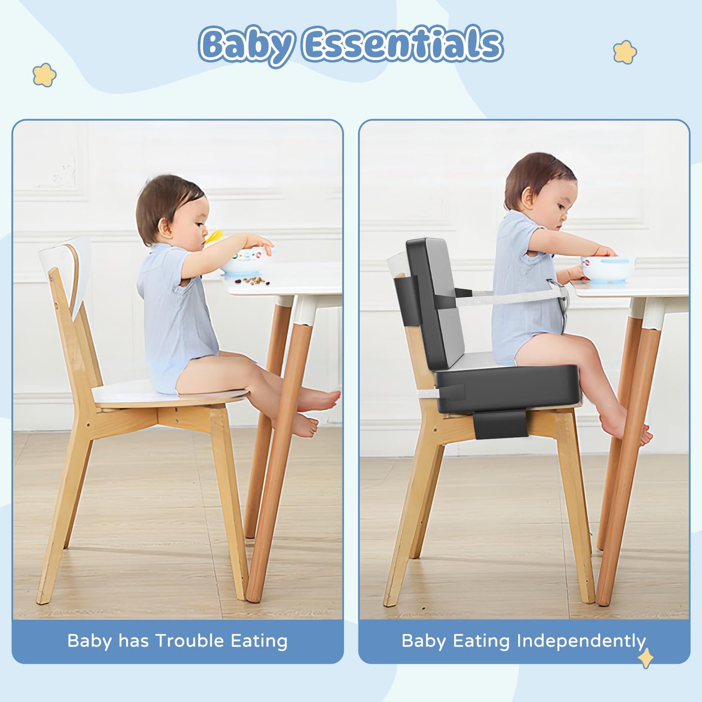 Booster Seat for Kitchen Chair, Toddler Booster Seat for Dining Table with Backrest & Safety Buckles, Non-Slip Portable Dining Seat, High Chair Alternative for Home & Travel