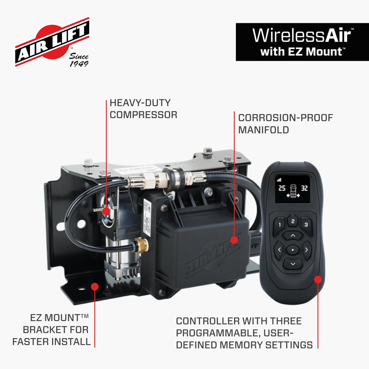 Air Lift WirelessAir + EZ Mount, 2nd Generation On-Board Air Compressor with Mobile App - 74000EZ
