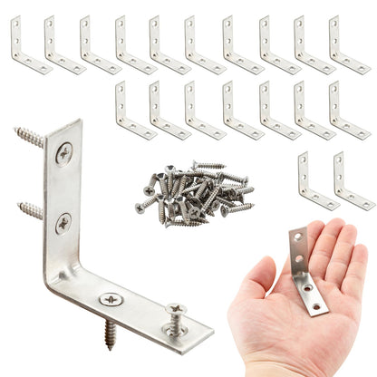 HOME MASTER HARDWARE 2 inch L Bracket Corner Brace Sets, Stainless Steel Corner Bracket, Joint Right Angle Brackets with Screws for Shelves Wood Furniture Frame(20 Pack)