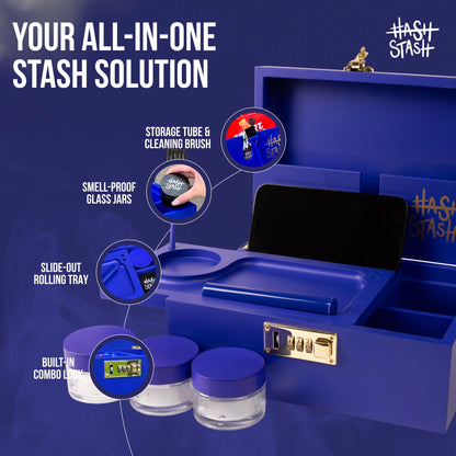 The OG Storage Box - Large Bamboo Box with Combination Lock, Magnetic Lid, Organizer Tray, Airtight Tube and 3 Jars - Discreet Decorative Locking Wooden Box with Accessories (Royal Blue/Gold)