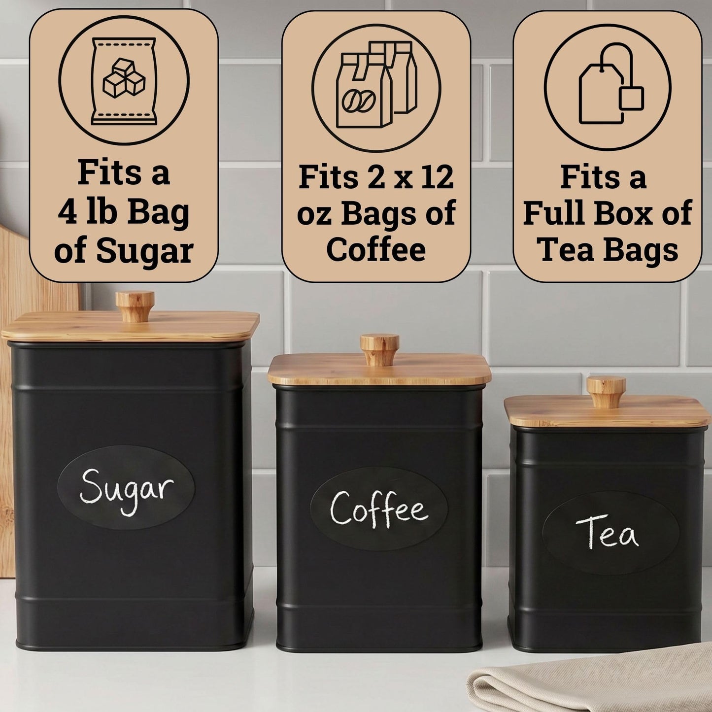 Kitchen Canisters for Countertop Set of 3 with Customizable Chalkboard Labels & Marker Pen - Big Iron Kitchen Canisters with Airtight Lids - Black Canister Set - Flour and Sugar Containers Farmhouse