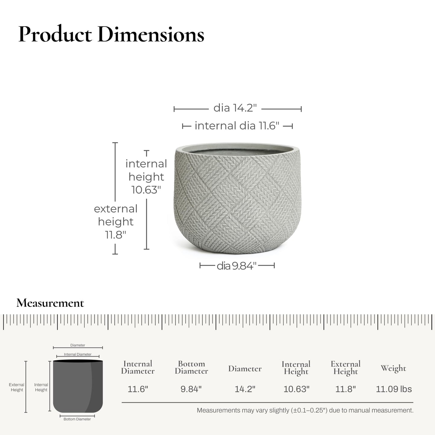 LuxenHome 14-Inch Dia Round Concrete Planters, Large Outdoor Indoor Decorative Plant Pots with Drainage Holes and Rubber Plug, Modern Gray Glen Woven Pattern Flower Pot Planters for Home Garden Patio