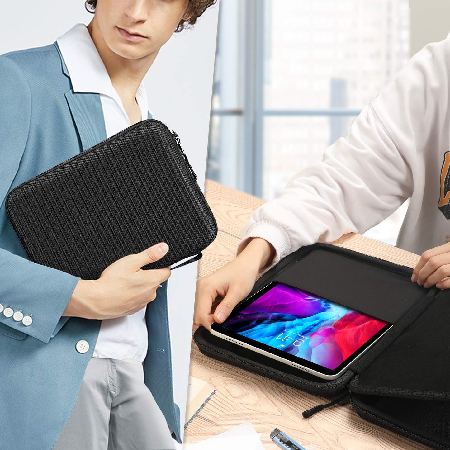 FINPAC 9-11 Inch Tablet Sleeve Bag Compatible with iPad/Samsung/Lenovo/Fire, Double-Layer Travel Organiser Bag w/Electronics Organiser for USB Cable/Power Bank/Charger/Hard Disk