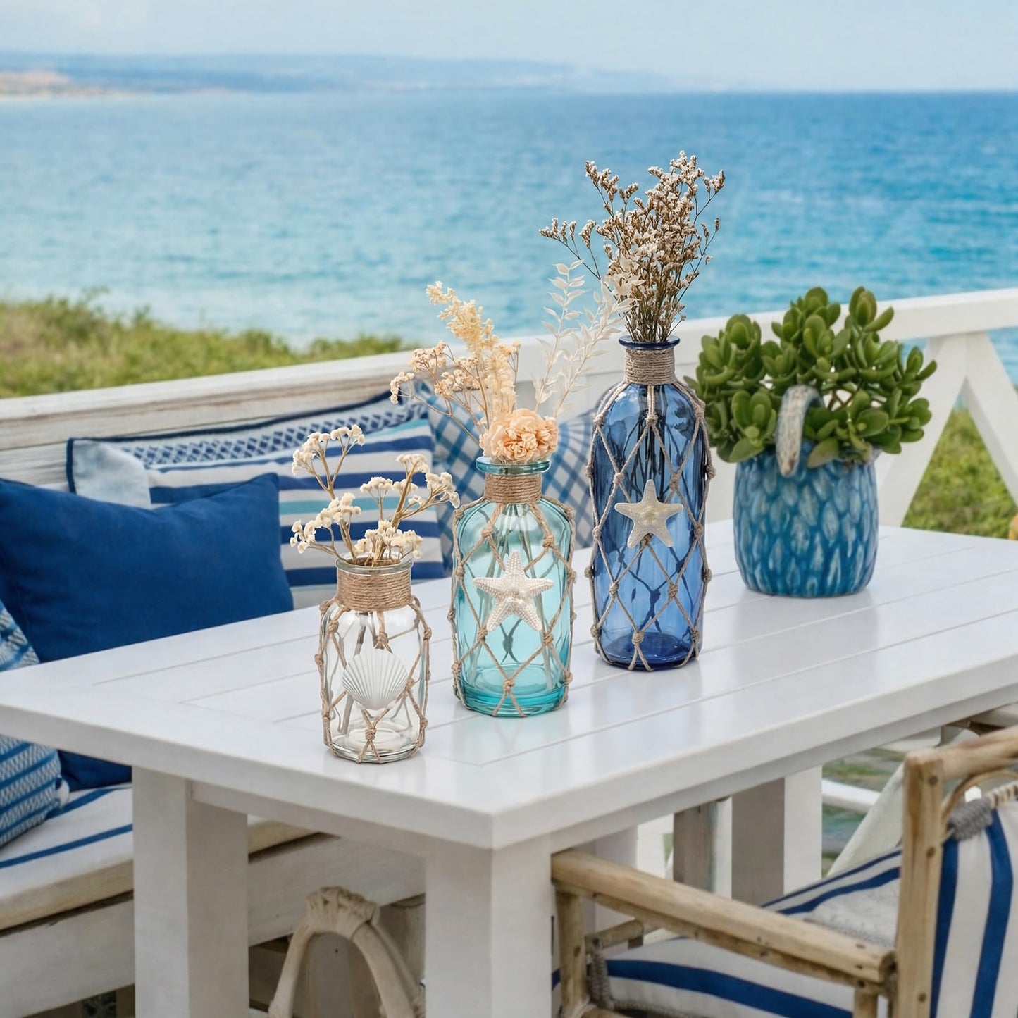 FoldTier Coastal Glass Vases Set of 3 Rustic Beach Vases for Flowers Natural Starfish Shell Jute Rope Sea Glass Bottle Farmhouse Nautical Home Decor for Table Mantel Shelf Living Room Kitchen Bathroom
