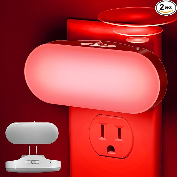 DORESshop Red Night Light, Auto On/Off, 0-100 LM Adjustable Brightness, Dimmable Plug Into Wall Light Sensor Night Light for Kids Room, Bedroom, Stair Lights, 1W, 2 Pack