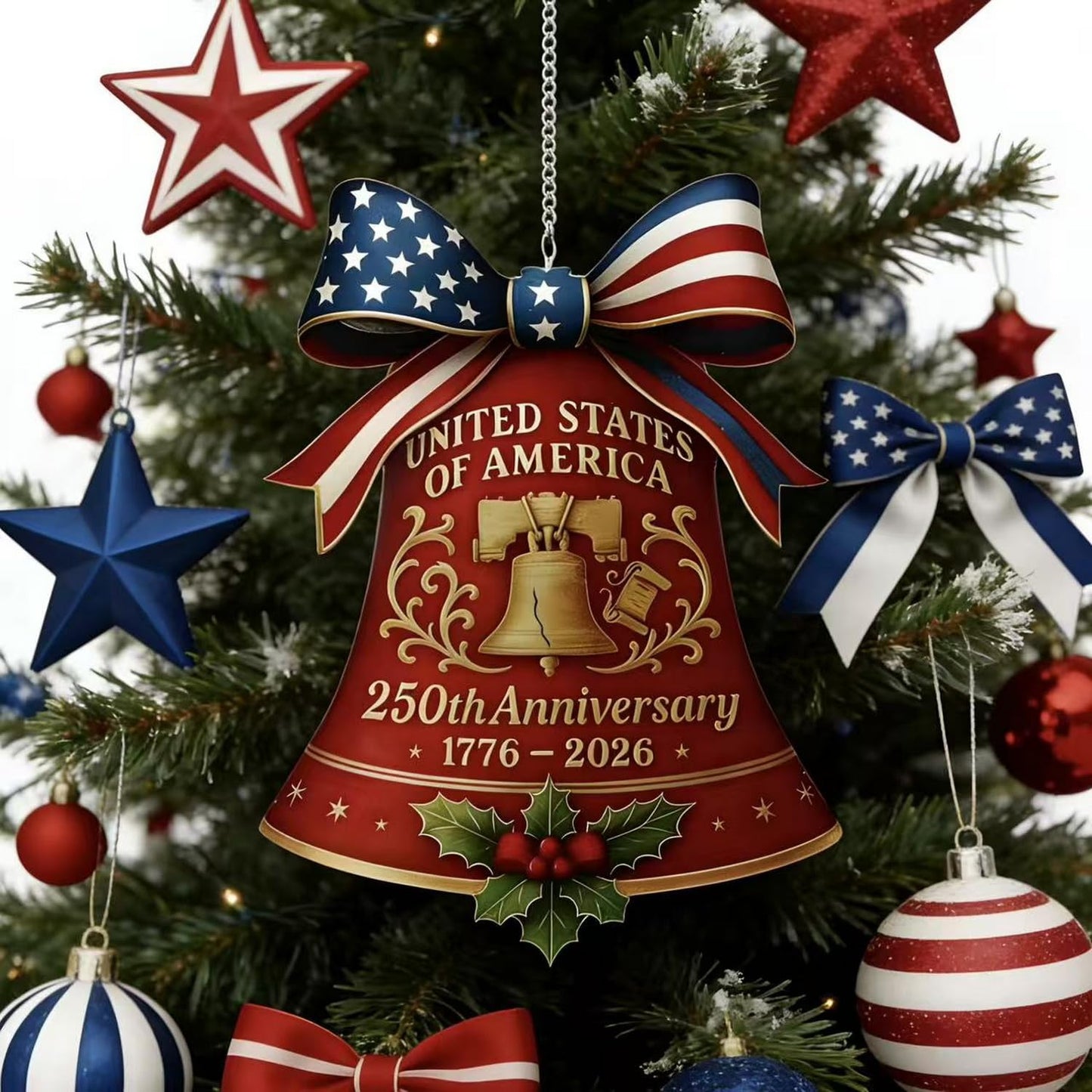 July 4th 250th Anniversary Ornament,Bell Sun Catcher Hanging,Red with America Flag Designs Bow Patriotic Christmas Ornaments,Full Cover Acrylic Suncatchers for Windows Decor Party Supplies for Garden