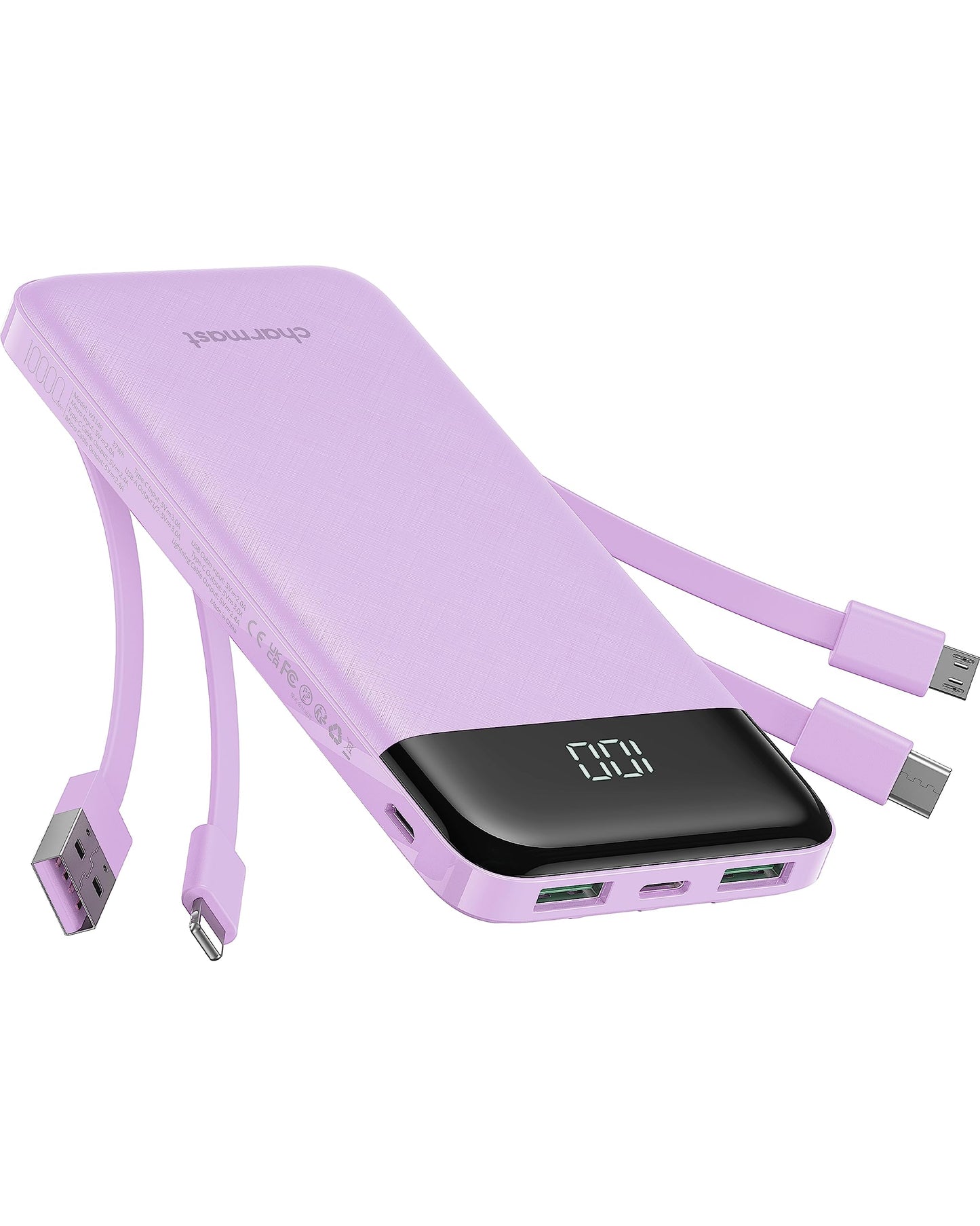 charmast Portable Charger with Built in Cables, Power Bank with Cords Wires, Slim 10000mAh Travel Battery Pack 6 Outputs 3 Inputs 3A Fast Charging for Samsung Google Pixel LG Moto iPhone iPad