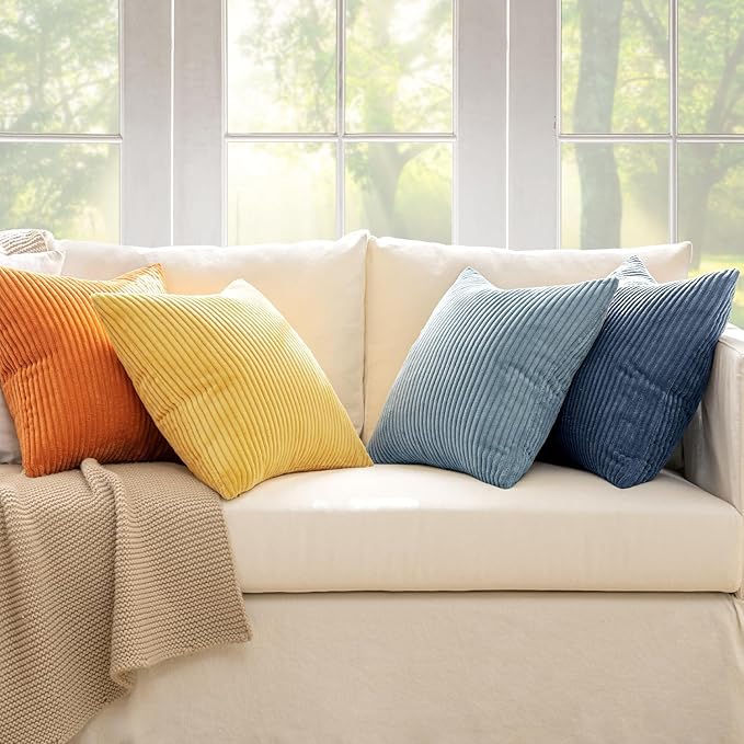 MIULEE Pack of 4 Blue-Orange Corduroy Decorative Throw Pillow Covers 20x20 Inch