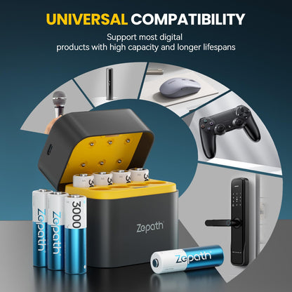 Zepath AA Rechargeable Lithium Batteries with Battery Charger, 8 Pack 3000mWh High Capacity Rechargeable Batteries 1.5V Constant Output AA Lithium Batteries, Battery Storage with aa Li-ion Battery