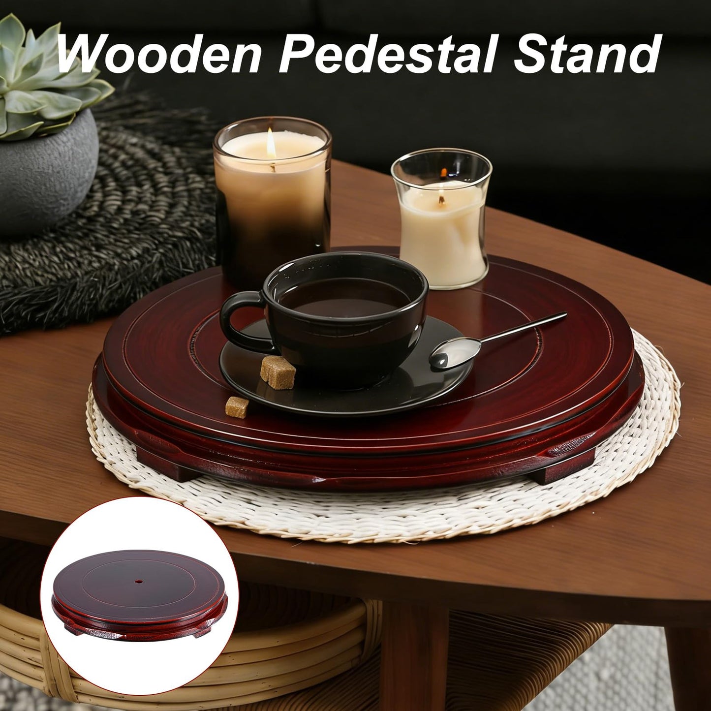 M METERXITY 2 Pack Display Stand, Brown Wooden Stands for Display, Stable Round Base Stand Decor for Fishbowl Planter [No Rotation, 8.27'' x 1.18'']