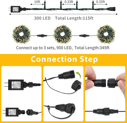 QUWIN Waterproof LED Outdoor Christmas String Lights, 115Ft 300 LED UL Certified 8 Modes with End-to-End Plug, Indoor & Outside Fairy Light for Christmas Tree, Patio, Wedding, Party (Warm White)