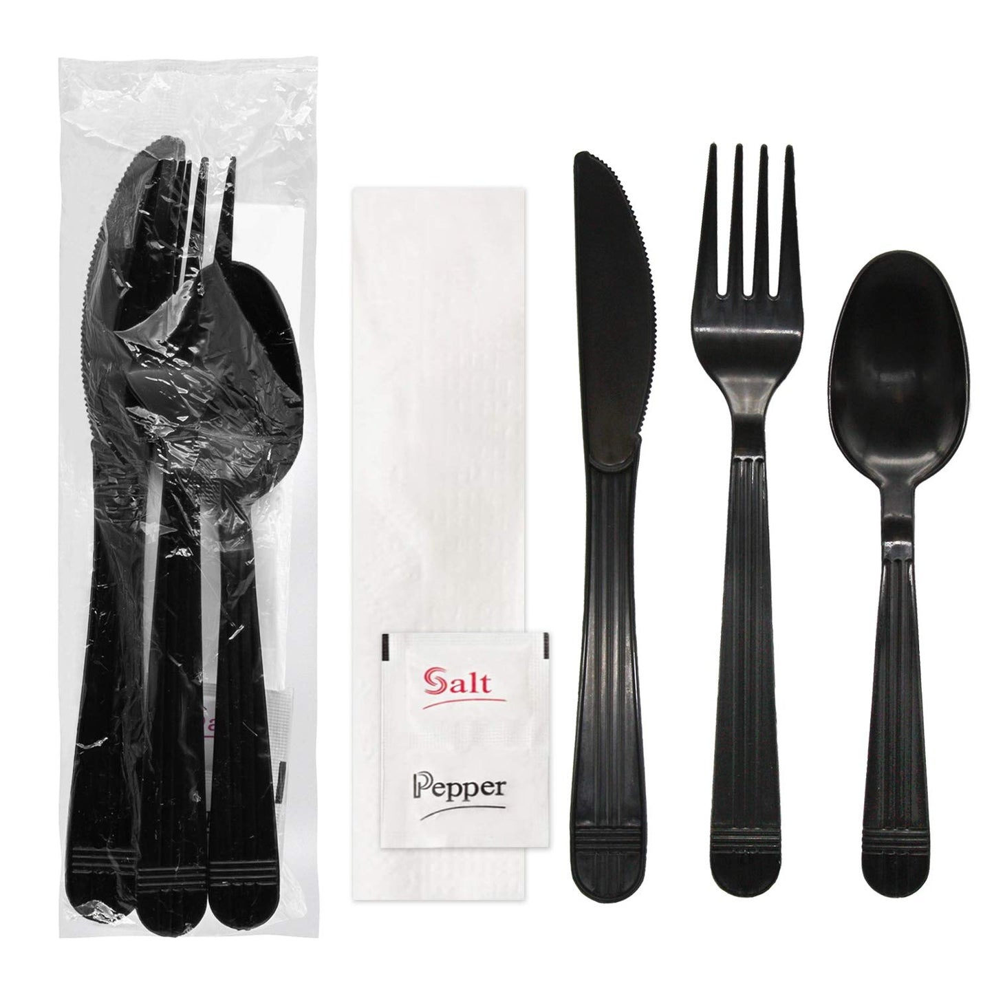 Party Essentials Individually Wrapped Plastic Cutlery Packets/Heavy Duty Silverware Kits, Fork/Spoon/Knife/Napkin/Salt/Pepper, 50 Utensils Sets, Black
