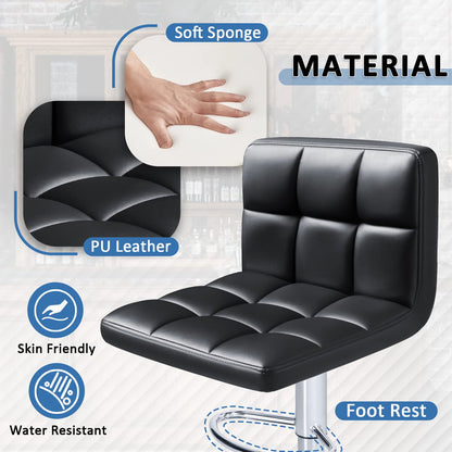 Homall Bar Stools Modern PU Leather Adjustable Swivel Barstools, Armless Hydraulic Kitchen Counter Bar Stool Extra Height Square Island Barstool with Back Set of 2 (Leather, Black)
