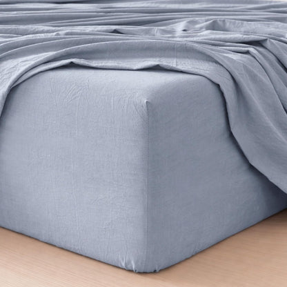 MooMee Fitted Bottom Sheet Only 100% Washed Cotton Linen Like Textured Breathable Durable Soft Comfy Deep Pocket Fits Mattress up to 17" (Cornflower Blue, Queen)