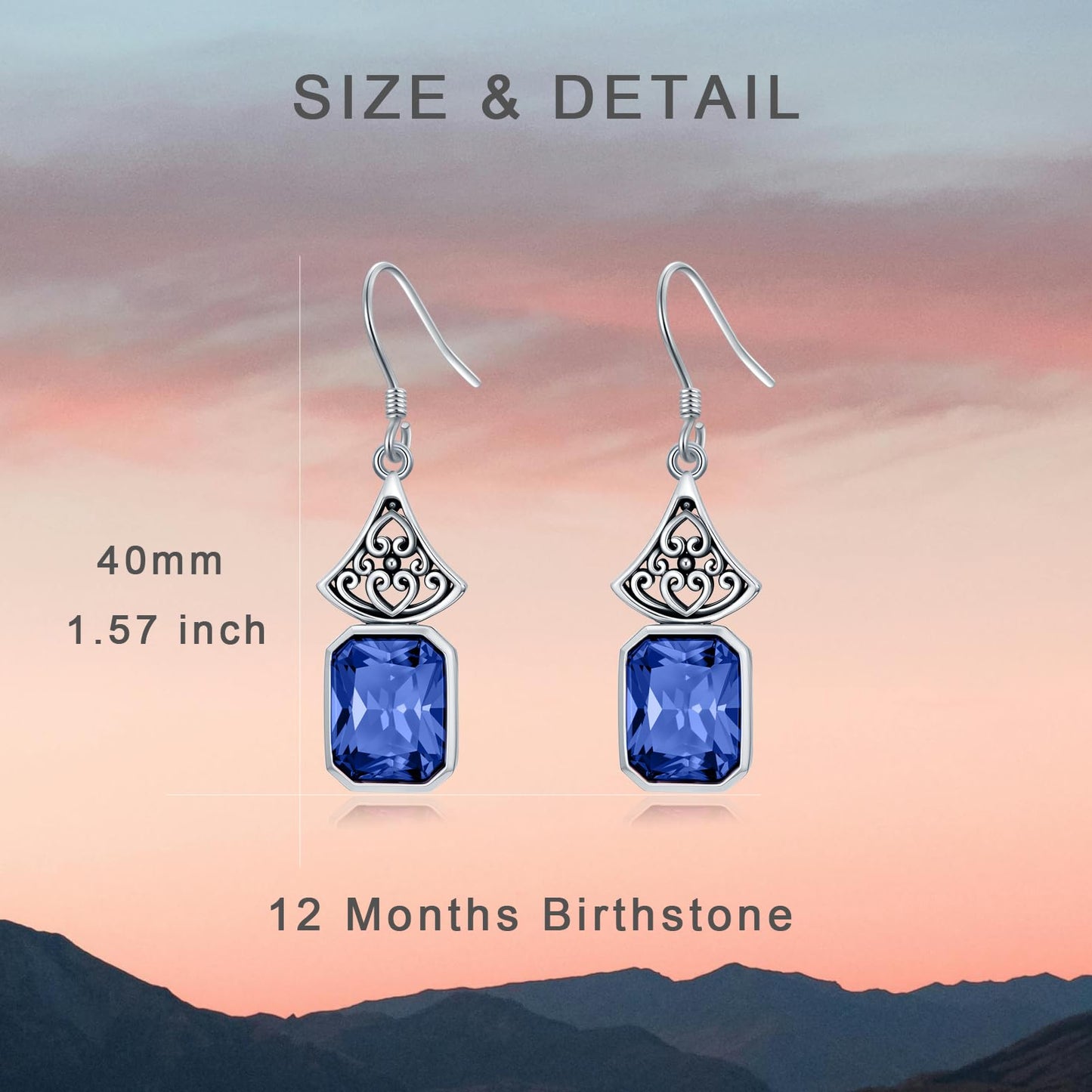 Vintage Earrings 925 Sterling Silver Oxidized Dangle Drop Earrings with Emerald Cut Blue Sapphire September Birthstone Anniversary Jewelry Gifts for Women