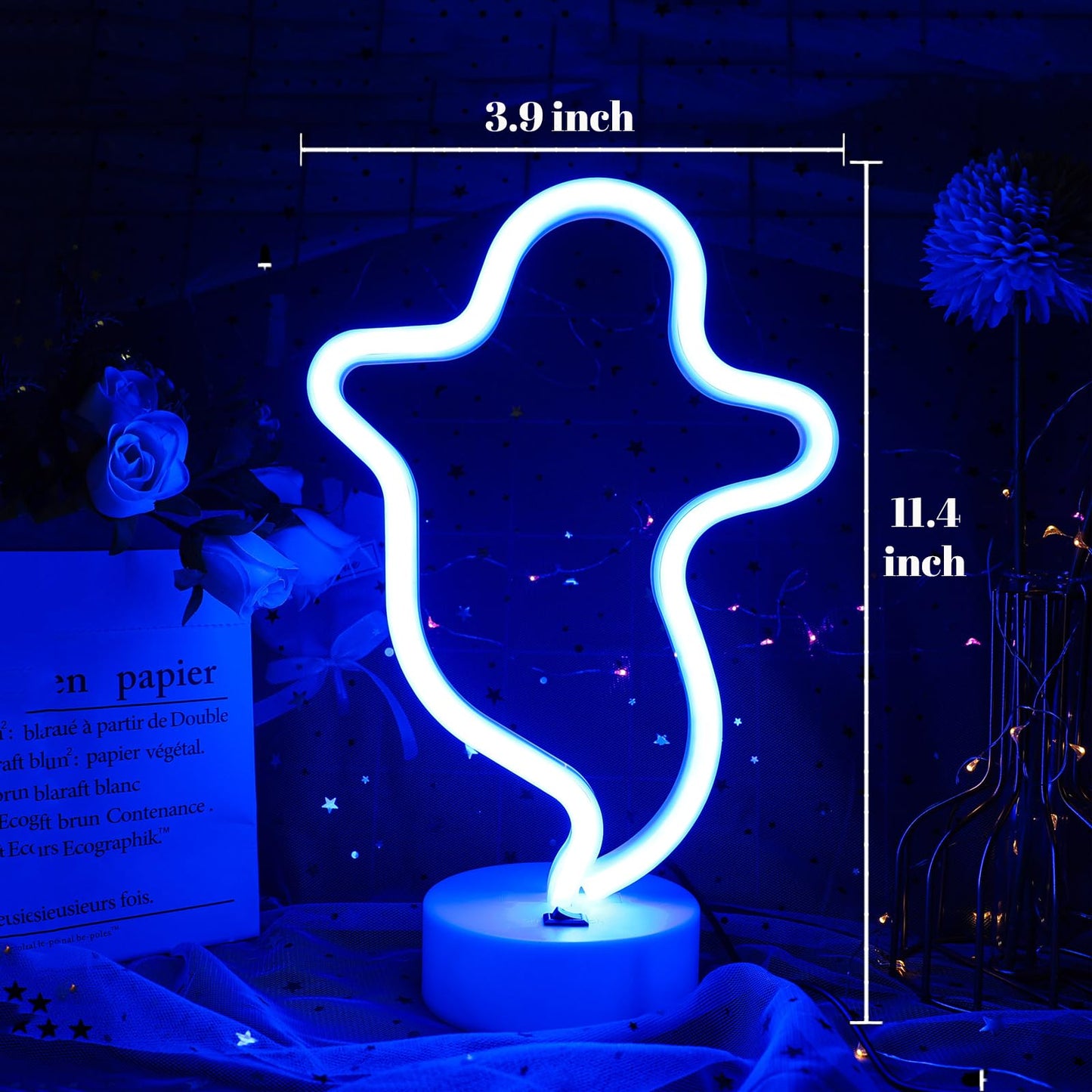ENUOLI Led Neon Sign Art Decorative Lights Neon Night Lights with Holder Base Table Decoration Lamps with Base for Kids Room Living Room Christmas Birthday Wedding Halloween Party (Ghost)