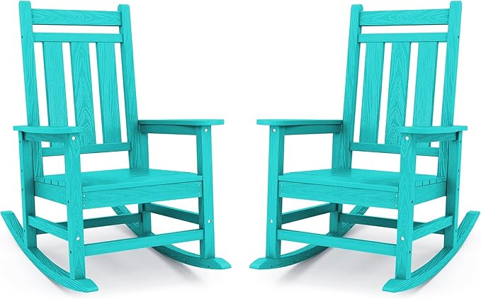 KINGYES Oversized Outdoor Rocking Chair Set of 2, All-Weather Patio Rocking Chairs for Porch, HDPE Outdoor Patio Rockers with High Back & Wide Seat for Garden, Lawn, Aruba