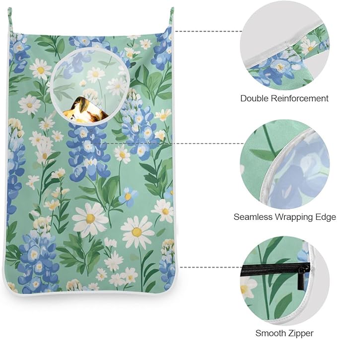 Mint Green Bluebonnet and Daisies Hanging Laundry Hamper Door Hampers Bag Basket