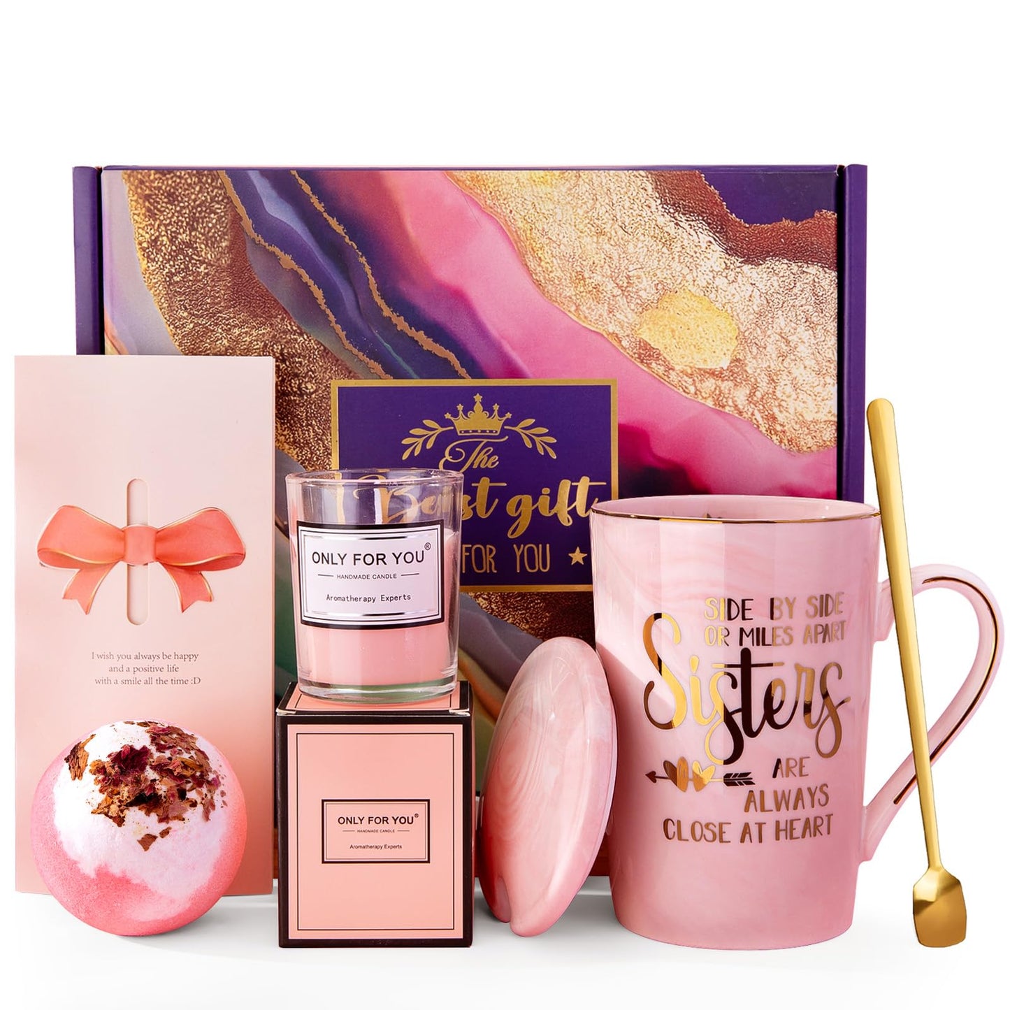 Sister Birthday Gifts from Sister Brother, 7pcs Relaxing Bath Christmas Set Basket with Funny Gold Print Mug, Scented Candle, Self Care Set, Idea for Sisters in Law, Soul Sisters, Nice Gift Boxed