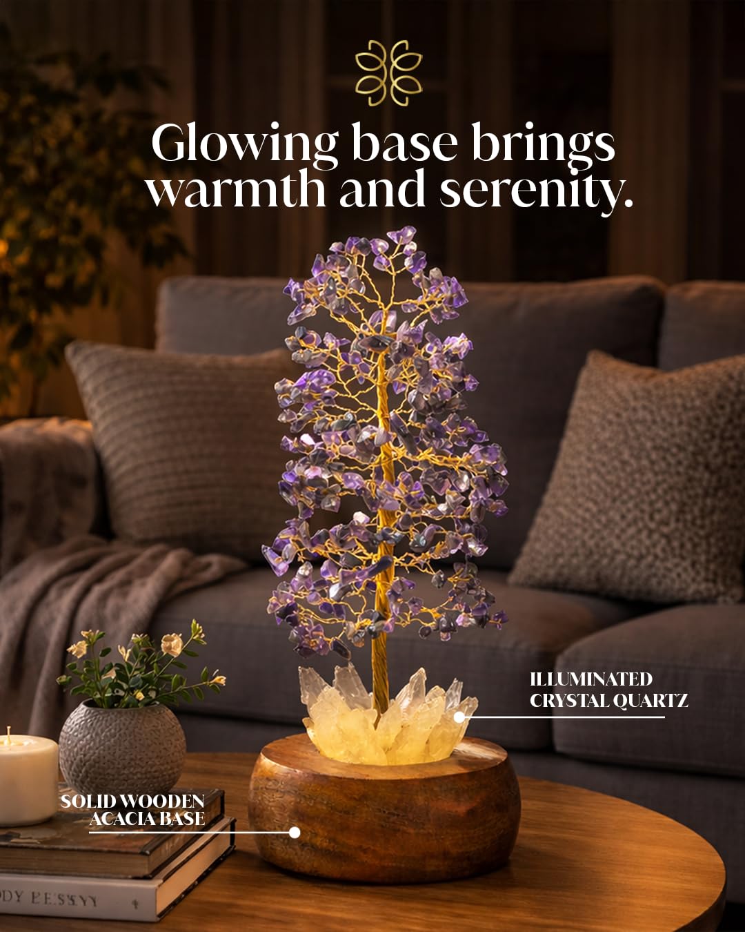 Amethyst Crystal Tree of Life with LED Light, Handcrafted Gemstone Bonsai on Quartz Base & Acacia Wood Stand – Spiritual Home & Office Décor, Feng Shui, Gift for Women