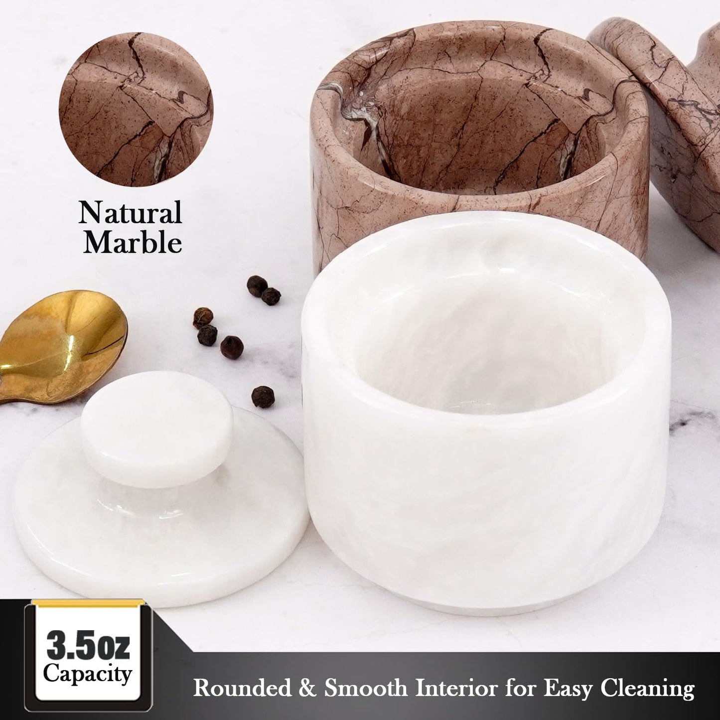 MARBLOUS KRAFTS Marble Salt Cellar with Lid 3" White and Marinara Salt, Pepper Bowls, Seasoning Containers Kitchen Storage, Perfect for Spice Jars