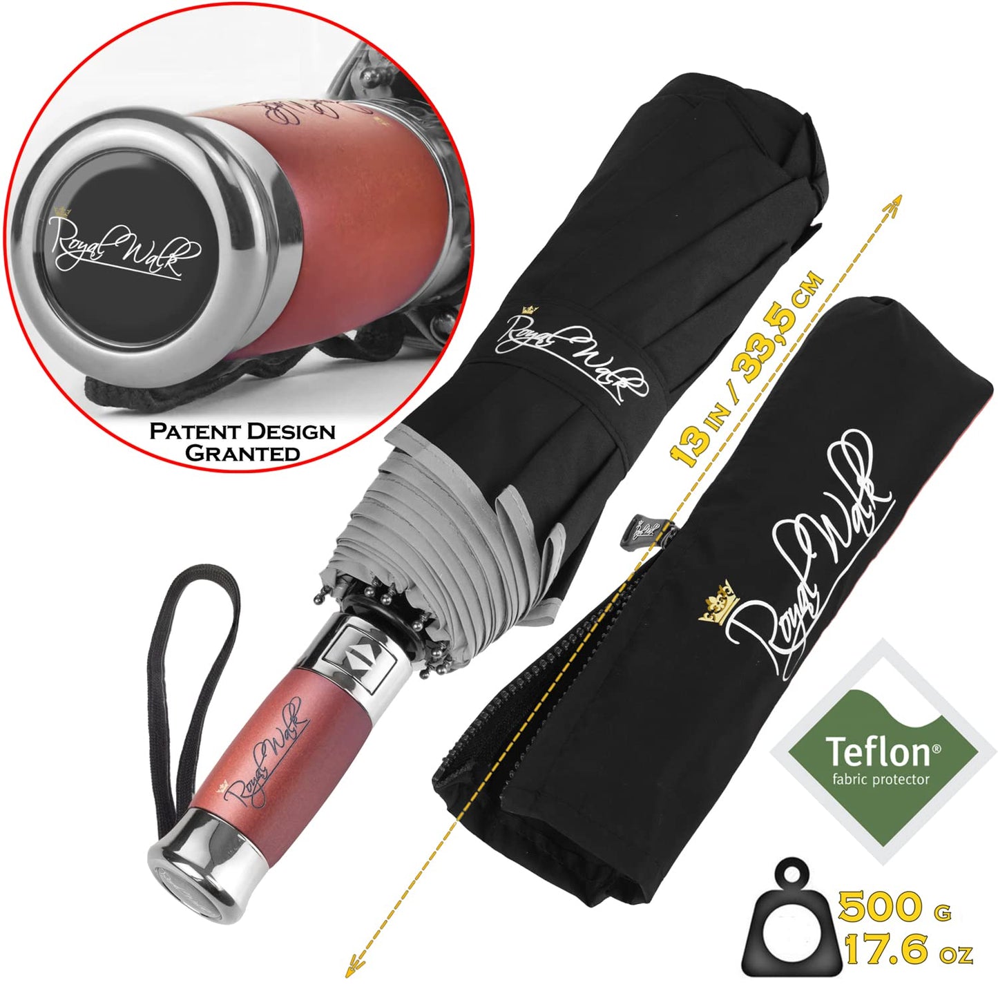 Royal Walk Windproof Folding Travel Umbrella Compact and Strong Luxurious Real Wood Handle Automatic Open Close Vented Double Canopy for Men and Women (Black)