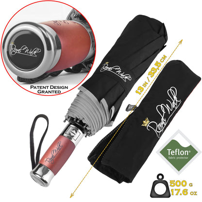 Royal Walk Windproof Folding Travel Umbrella Compact and Strong Luxurious Real Wood Handle Automatic Open Close Vented Double Canopy for Men and Women (Black)