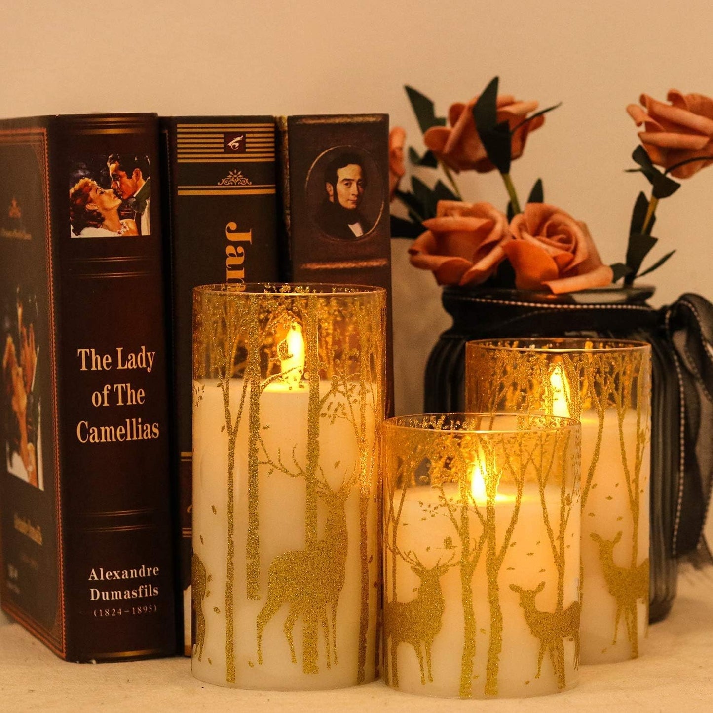 GenSwin Glass Flameless Candles Flickering with Deer Decor and Remote Timers, Battery Operated Moving Wick Led Light, Set of 3 Real Wax Pillar Candles for Christmas Home Decoration
