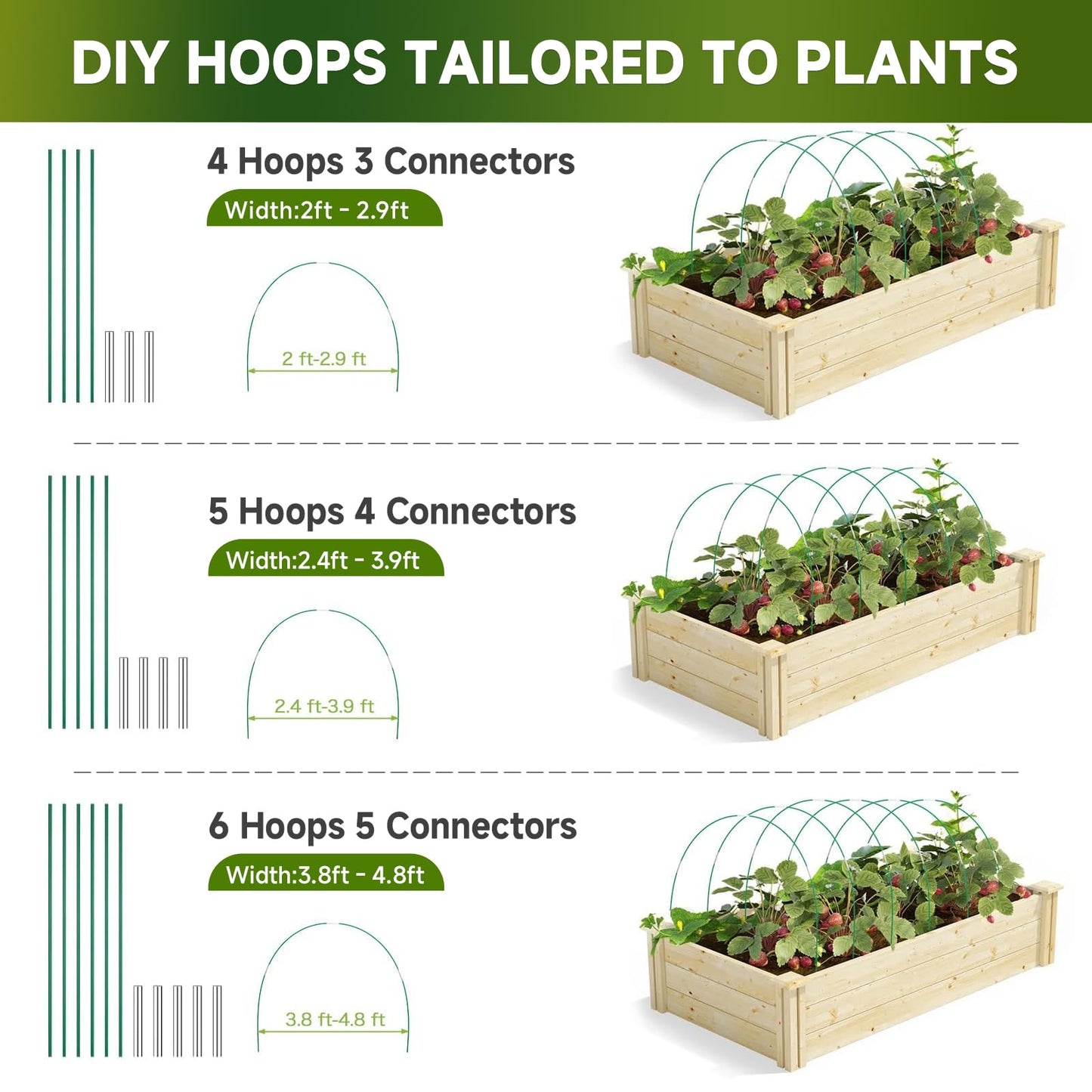 Nsitehalo 25pcs Garden Hoops for Raised Beds, Rust-Free Fiberglass Greenhouse Hoops Grow Tunnel with Clips, Support Hoop House Frame for Garden Netting & Fabric, Row Cover Plant Stakes for Vegetables