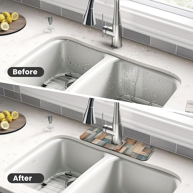 Faucet Draining Mat For Kitchen Sink, Geometric Shapes Brown Beige Diatom Mud