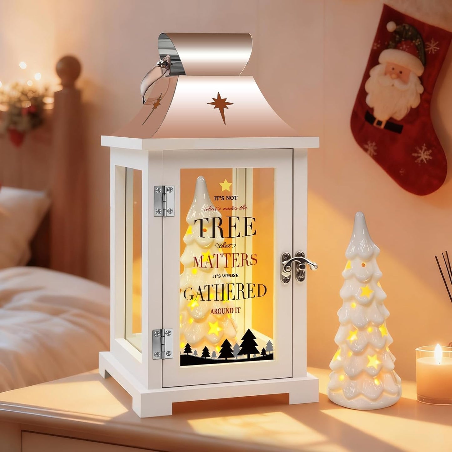 ResWRLD Ceramic Christmas Tree That Light up for Table Centerpieces, 15.1" Tall Lantern Indoor Party Decor, Hanging Candle Lantern for Home, Holidays Tabletop Décor Gift, Xmas Tree Figurine