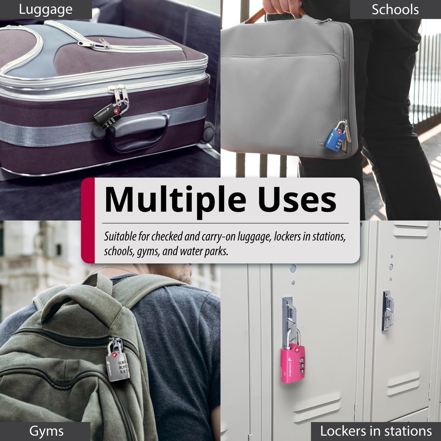 Fosmon TSA Approved Locks for Luggage. Suitcase Locks with Open Alert Indicator, 3 Digit Combination Padlock with Alloy Body for Travel, Backpack Zipper Anti Theft, Locker, Gym, Gun Case, Tent- 4 Pack