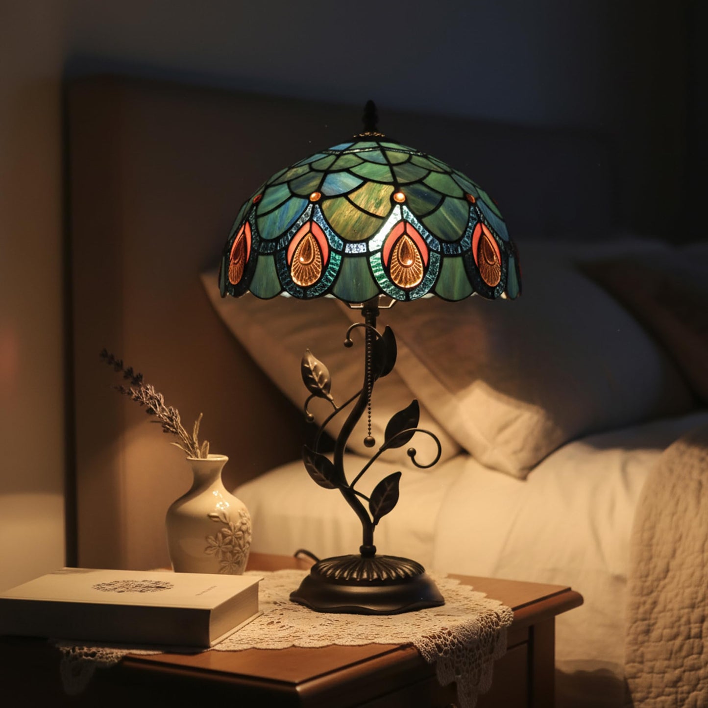 HWDFEI Tiffany Table Lamp, Stained Glass Style Desk Lamp, 12X12X19 Inch,Bedside Reading Light, Metal Leaf Base（Brown Crystal Style