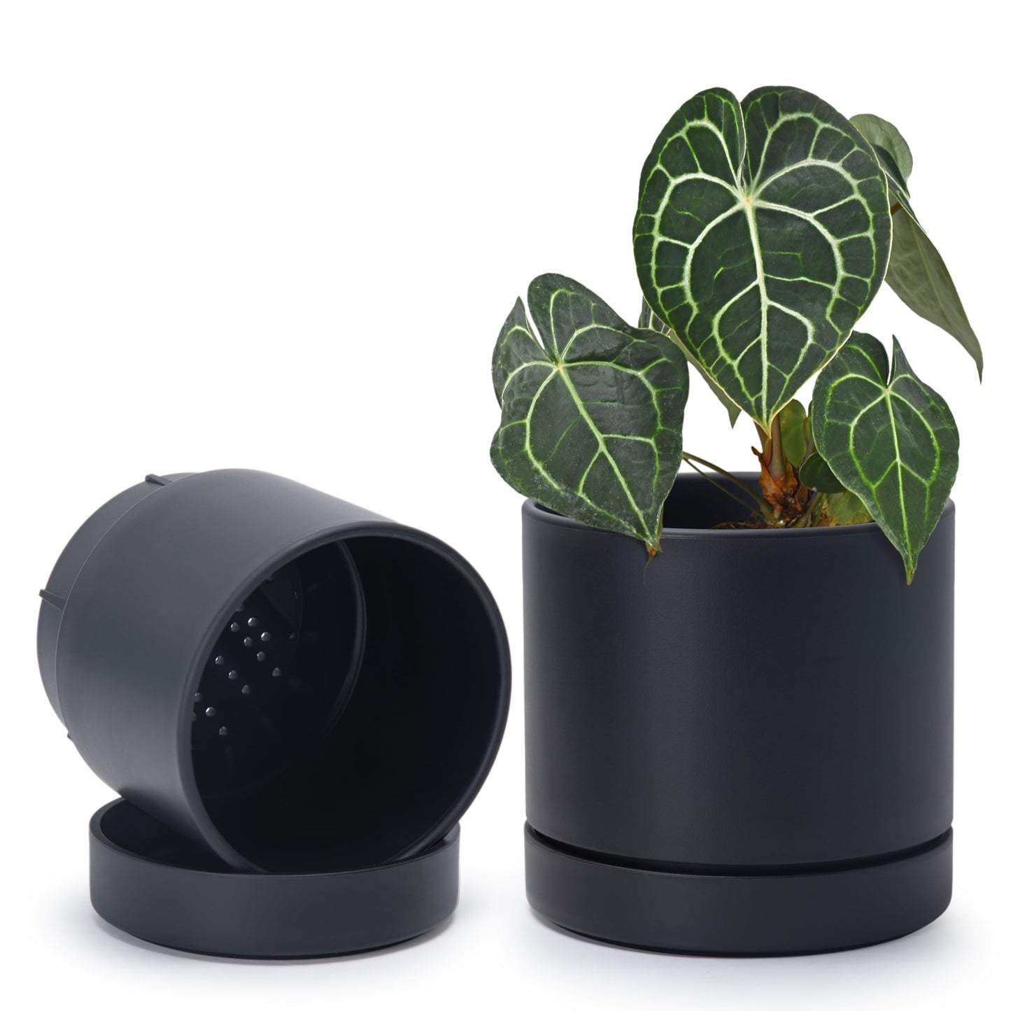 Phoenix Vine 6 Inch Planter Pot with Drainage Hole & Saucer, Deep Water Catch Tray, Straight Cylindrical Round Pot for Plants, Matte Black, Pack of 2, 23-C-S-2