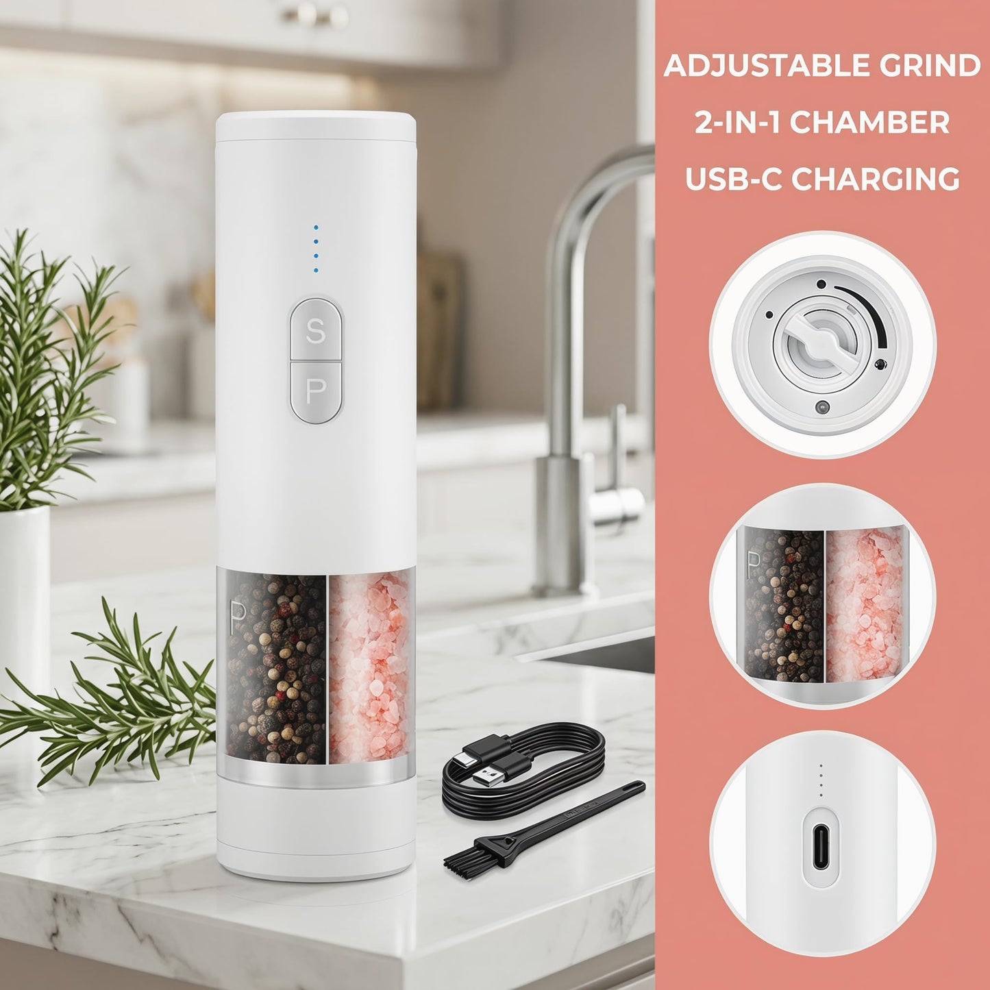 2 IN 1-Electric Salt and Pepper Grinder Set Shakers, Rechargeable Automatic Pepper Mill,with LED Lighting,Adjustable Grinder,Large Capacity-Ideal for Kitchen,BBQ,Ideal Kitchen Gifts (White)