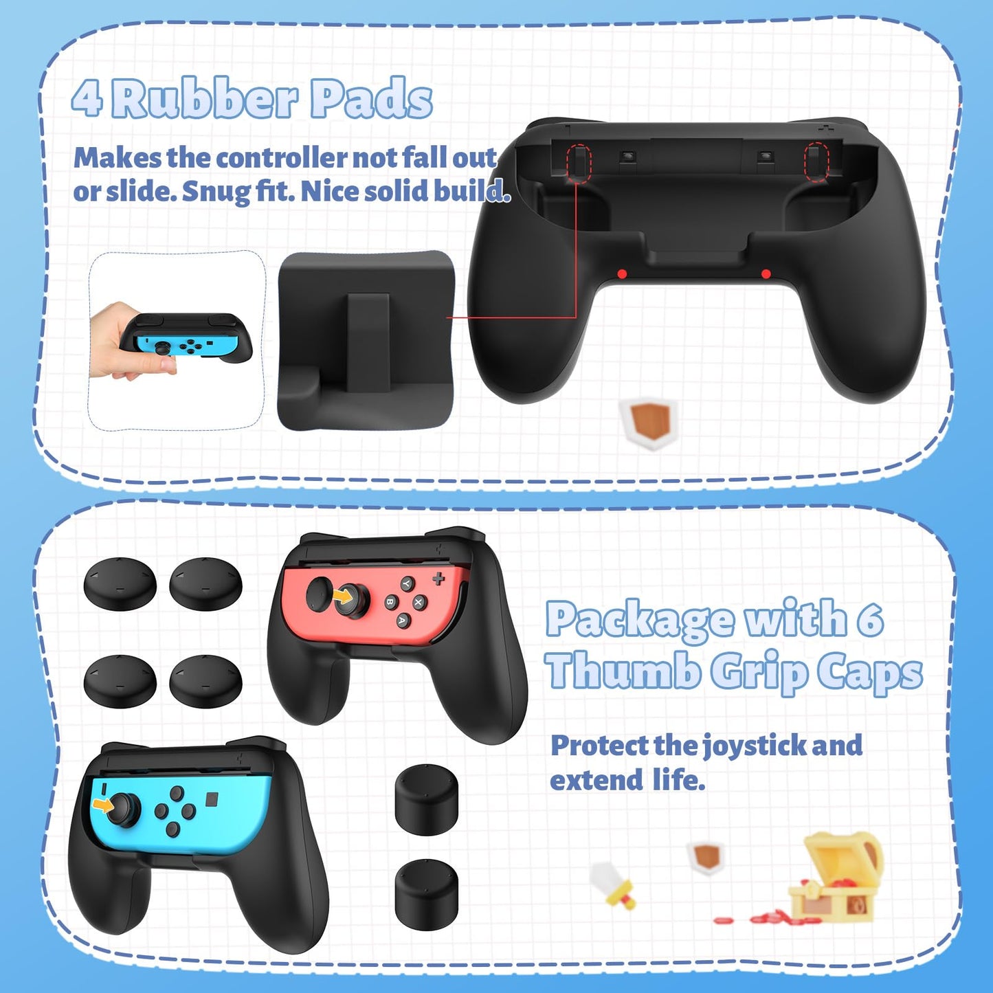 FASTSNAIL Grips for Nintendo Switch Joy-Con, Wear-resistant Handle Kit for Switch Joy Cons Controller, 2 Pack (Black)