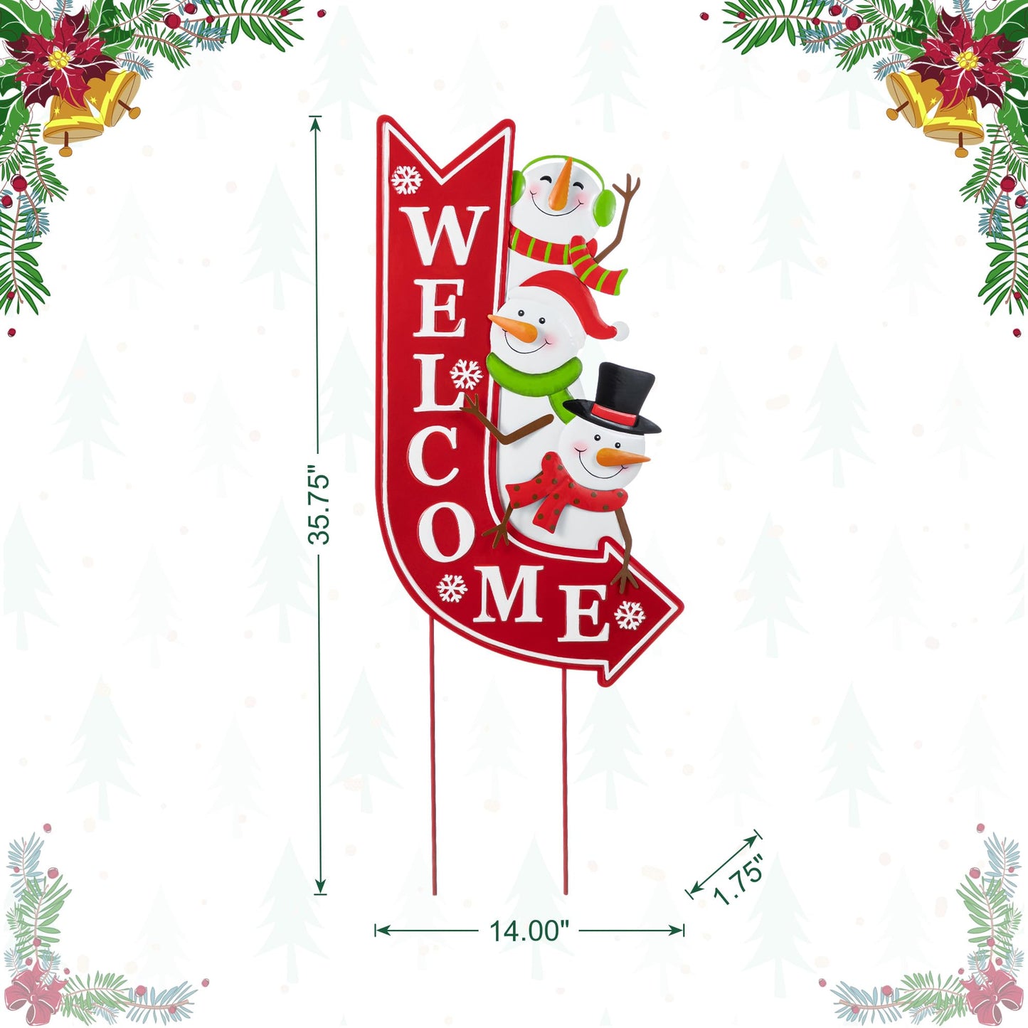Glitzhome Christmas Welcome Yard Stake, 35.75 Inch Snowmen with Red Arrow Sign, Metal Outdoor Holiday Decor for Lawn, Garden, Porch, Easy Assembly Iron Wall or Ground Decoration
