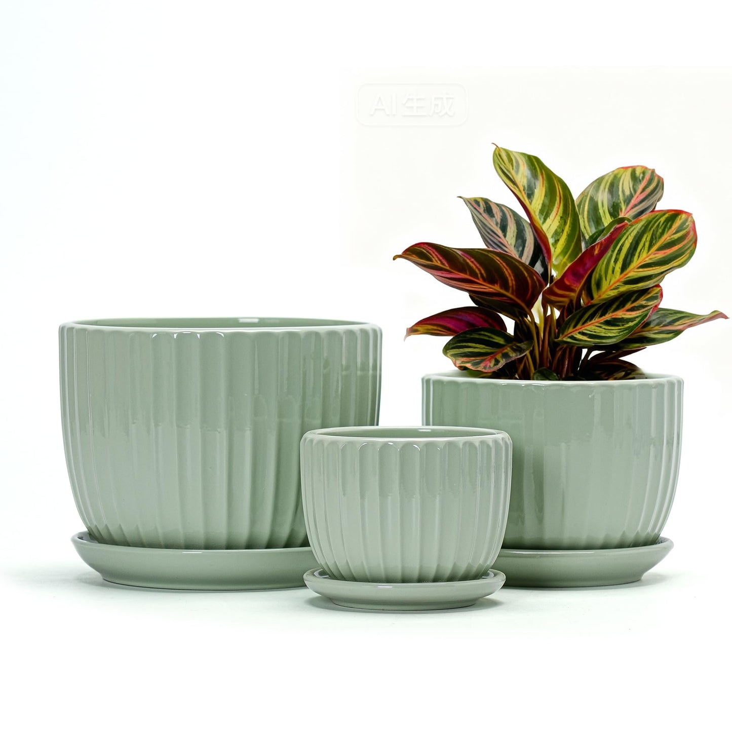 Ton Sin Flower Pots, Light Green Ceramic Plant Pots Set of 3,Small Glazed Succulent Pots with Drainage Hole,Cactus Planter with Saucer,Outdoor Garden Pots (Green)