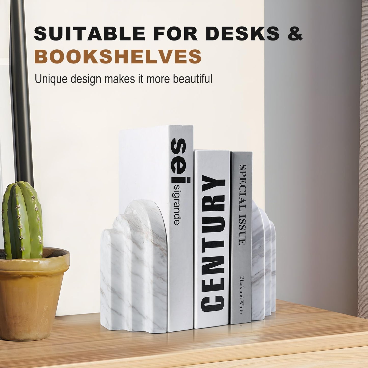Natural Marble Book Ends - Heavy Duty Bookends for Shelves - Aesthetic Layered Arch Design Stone Book Holders, Modern Office Bookshelf Stopper Decor for Books/CDs (Volakas)