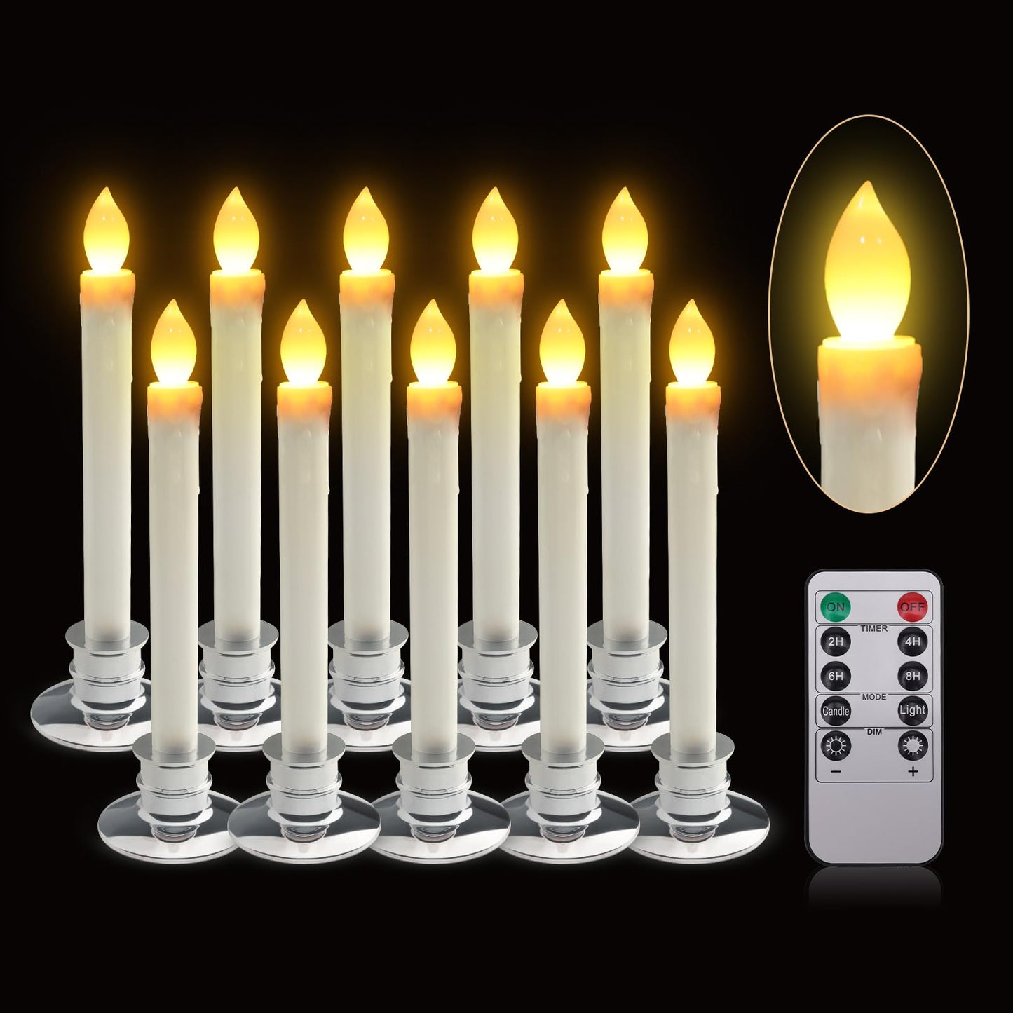 SunFunUSA LED Flameless Window Candles with Remote Timer-Battery Operated Realistic Flickering Candle Lights with Removable Silver Candlesticks Best Gift for Xmas Wedding Home Dinner Decor