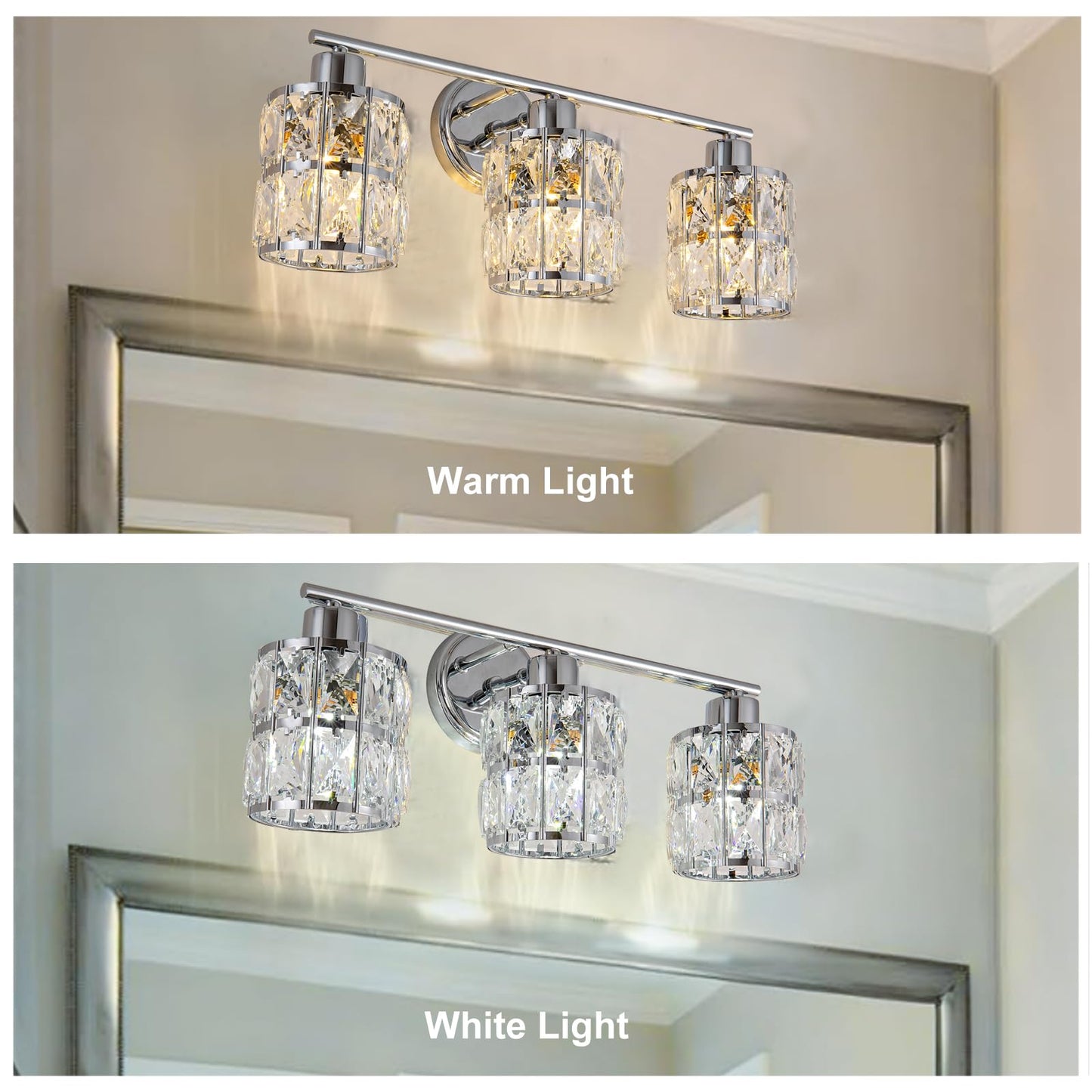 CALDION 3-Light Crystal Wall Lights Bathroom Vanity Light Fixtures, Modern Chrome Vanity Lighting Over Mirror Crystal Wall Sconces Lighting for Bedroom Restroom Bath Cabinet Powder Room, E26 Base