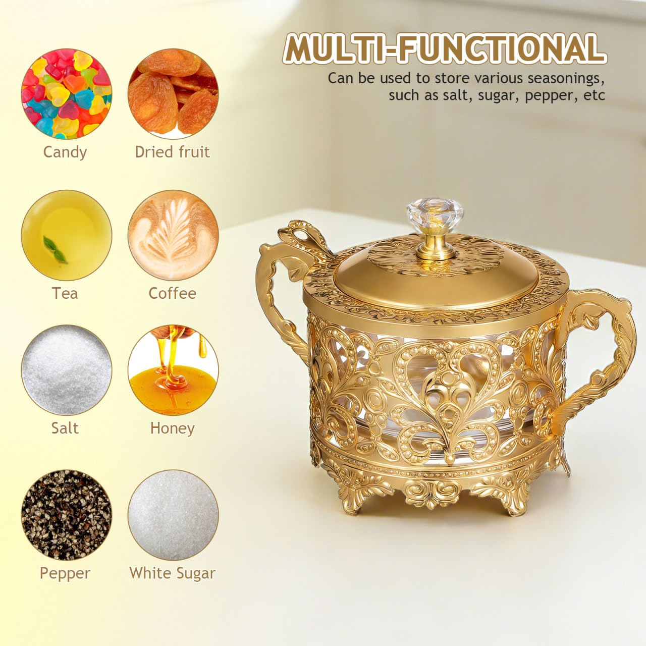 Sugar Bowl, 2 Sets Turkish Sugar Bowl with Lid and Spoon Condiment Pots Seasoning Box Golden Embossed Glass Candy Jar Coffee Bar Accessories