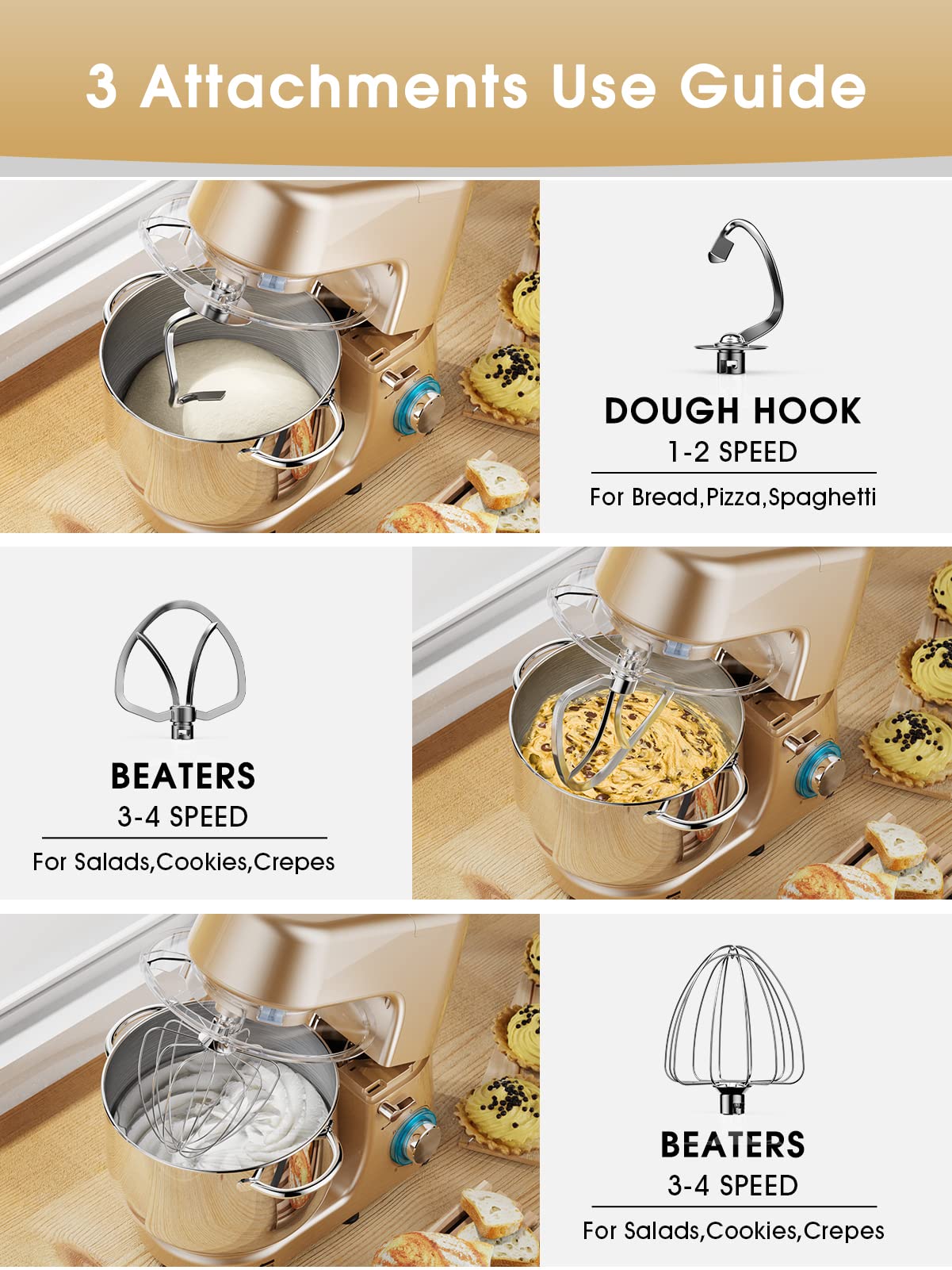 9.5 QT Double Handle KUCCU Stand Mixer, 6 Speed with Pulse Electric Kitchen Mixer, 660W Tilt-Head Food Mixer with Dishwasher-Safe Dough Hook, Flat Beater, Whisk, Splash Guard for home baking (Silver)