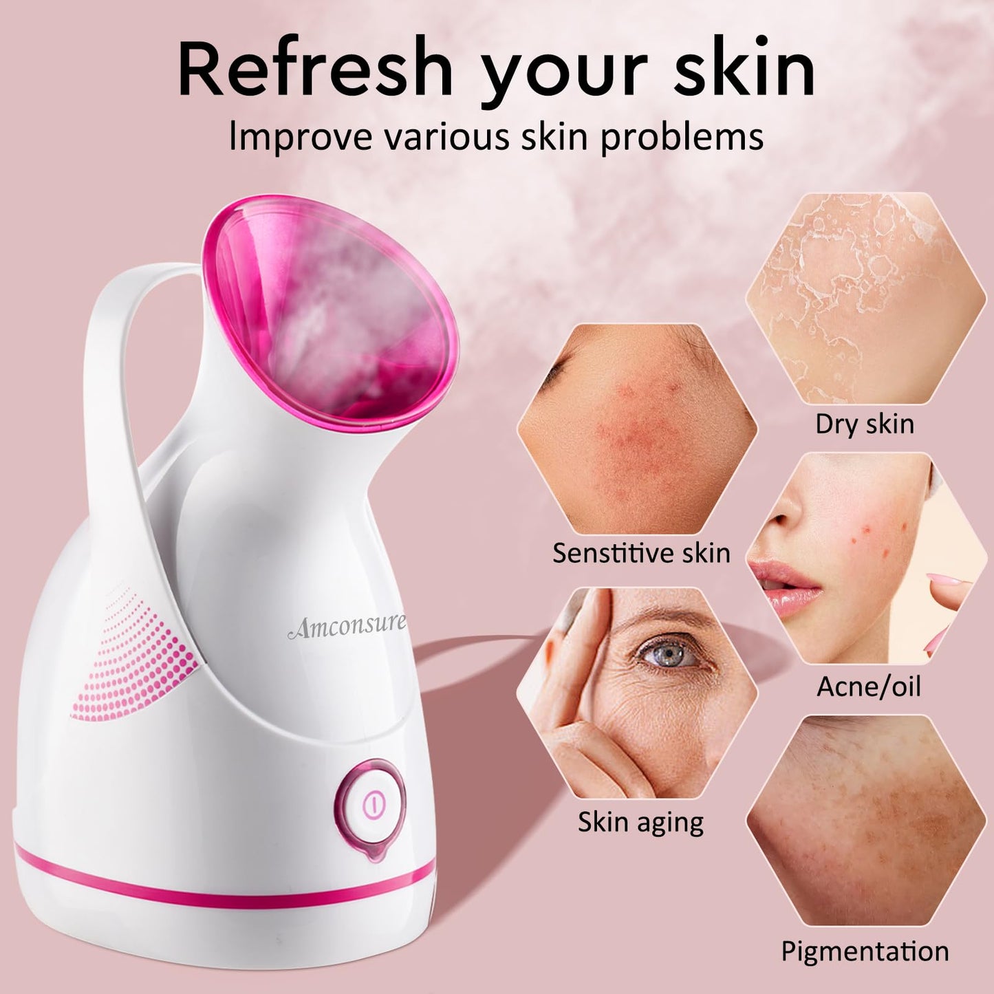 Amconsure Facial Steamer - Nano Ionic Face Steamer Warm Mist Steamer for Home Sauna SPA, Humidifier for Face Steamer for Deep Cleaning Unclogs Pores Sinuses - Bonus 5 Piece Stainless Steel Skin Kit