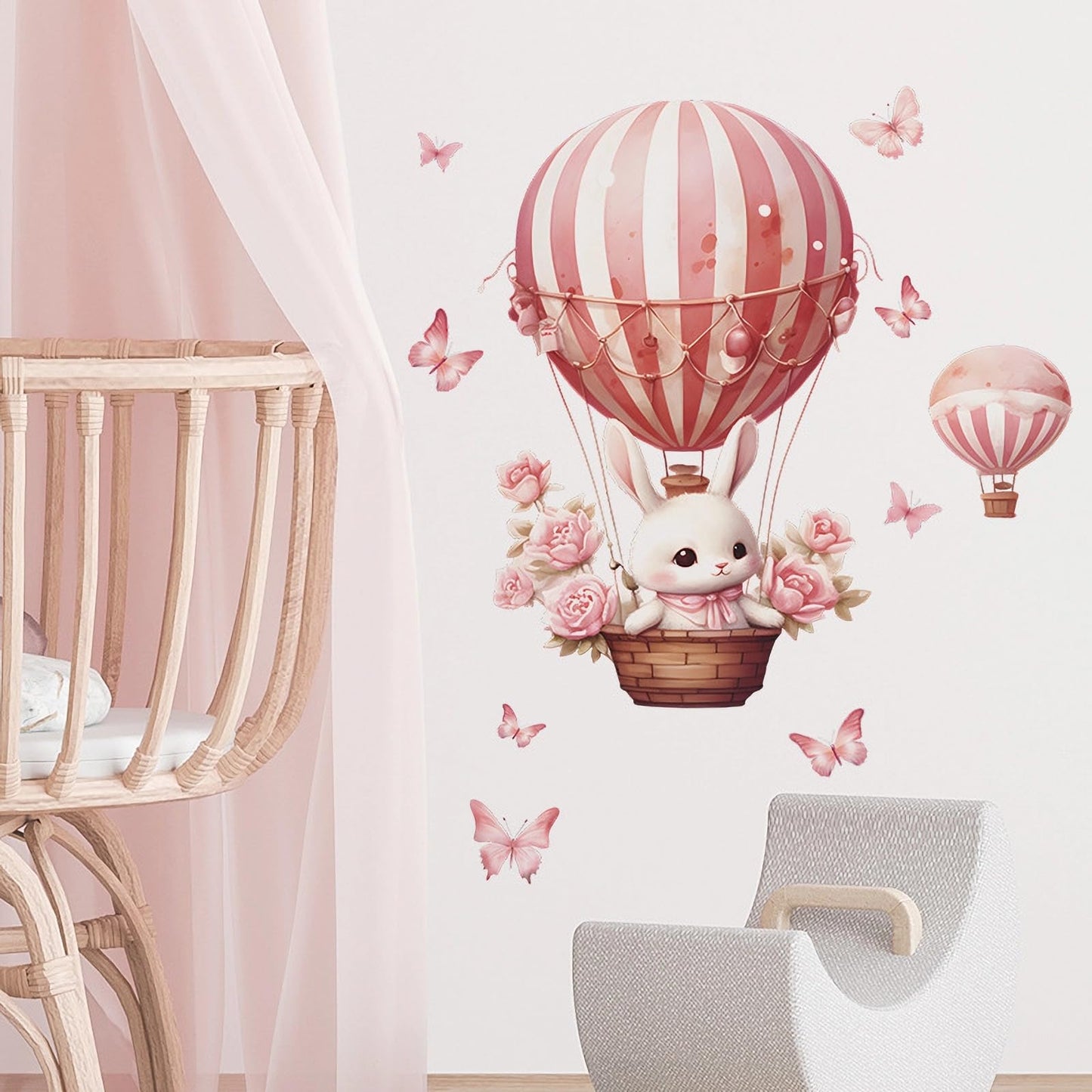 Pink Bunny Butterfly Rose Hot Air Balloon Wall Stickers, sacinora Cute Rabbit Wall Decals Removable Vinyl Peel and Stick for Kids Baby Girls Nursery Living Room Bedroom Preschool Art Decorations