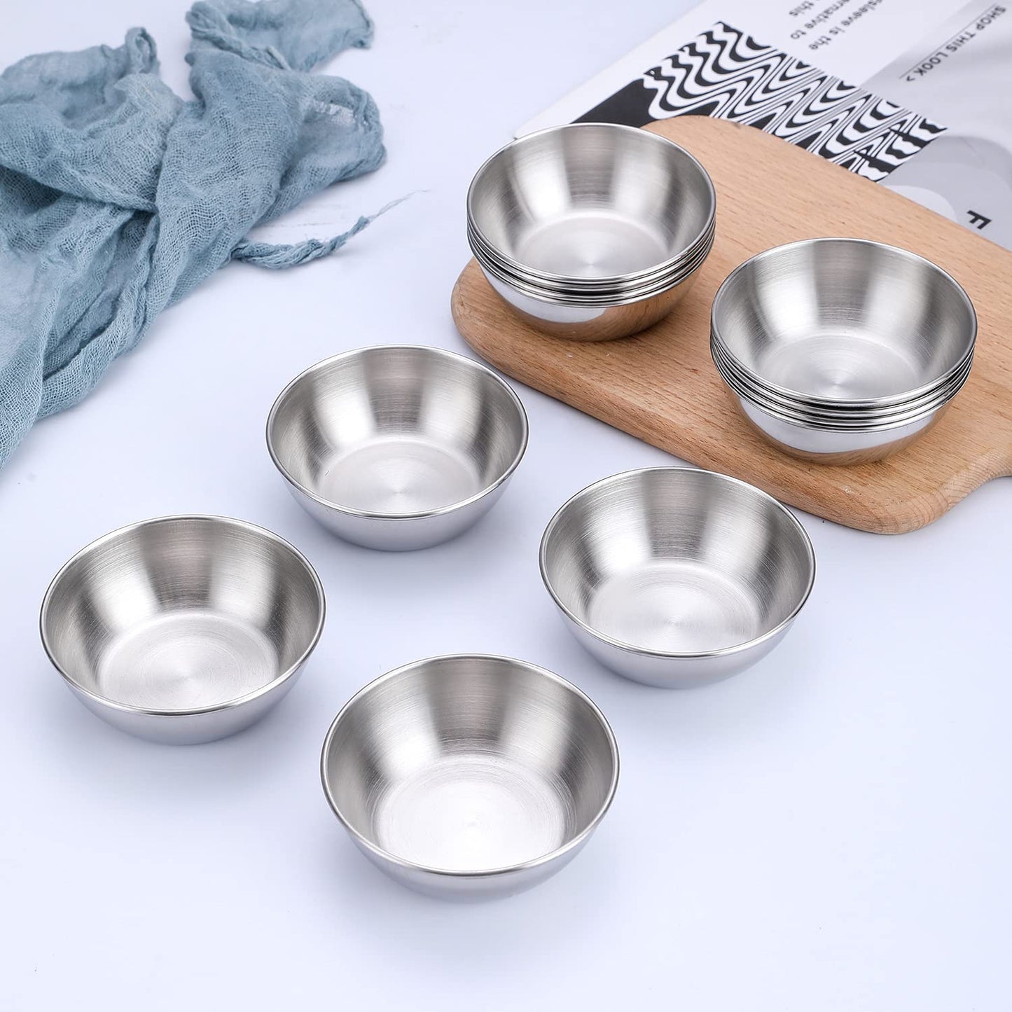 Onlycooker Sauce Cup 12 Piece Condiment Cups 3.2 Inch Stainless Steel Sauce Dish Dipping Bowl Small Seasoning Round Side Dish Bowls Plate for Appetizer Pinch Soy Sushi