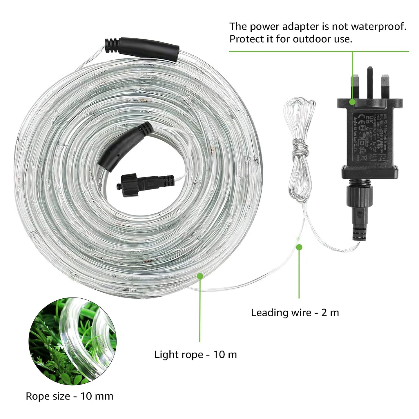 Lepro Outdoor Rope Lights Mains Powered, Connectable, 10m/33ft 240 LED Outdoor Garden Lights Plug in, Bright Warm White, Waterproof 10mm Thick Rope Lighting for Garden, Patio, Tree, Pathway, Christmas