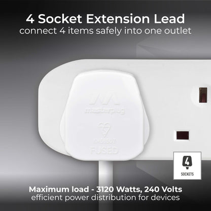 Masterplug Four Socket Extension Lead, Unswitched, 1 Metre Cable, 4-Way Plug Extension Cable, Power Strip, Basic Power, White, 13A, 4G, 1m, BFG110N